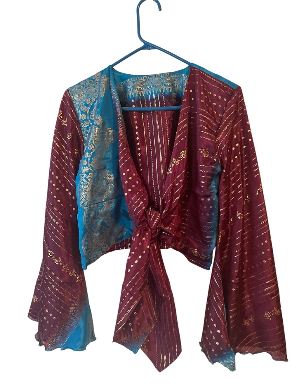 Tie-Front Boho blouse in Bugundy and Teal with Gold Foil